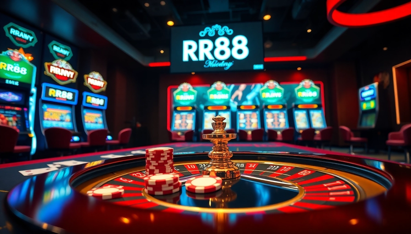 Experience the excitement of RR88 with vibrant casino visuals featuring poker chips and roulette tables.