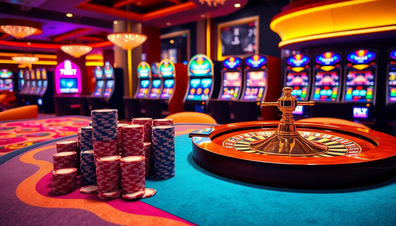 A lively scene of casino excitement at 789BET featuring poker chips and slot machines.