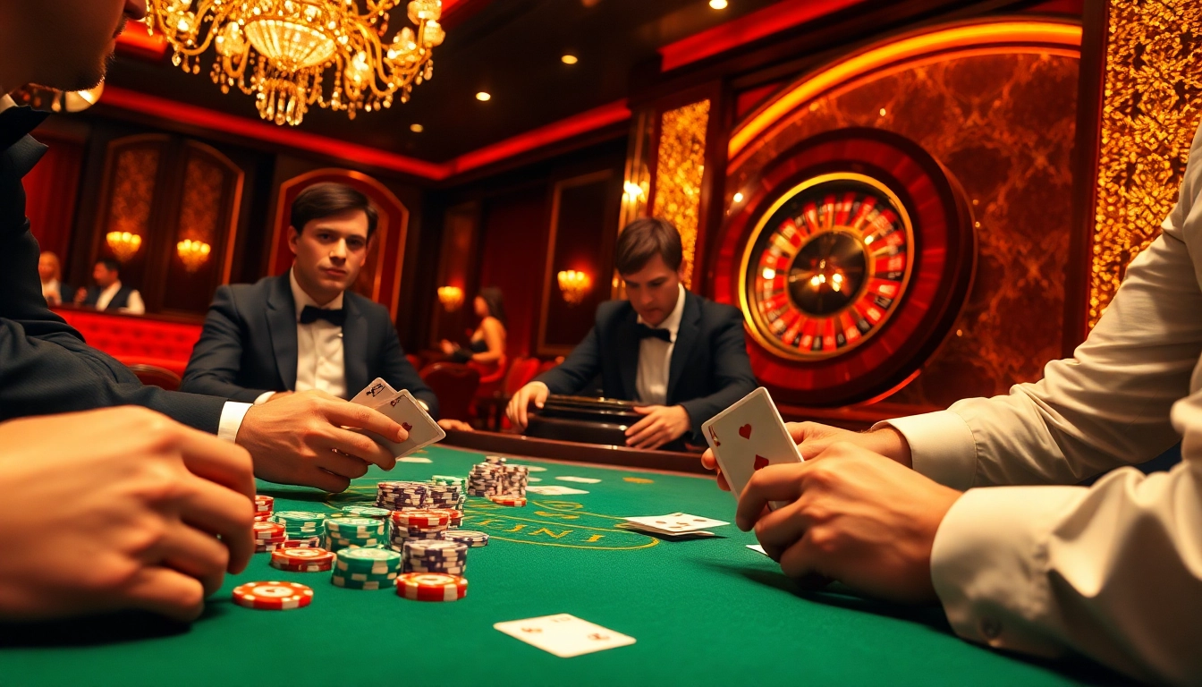 Kuwin poker players engaged in a thrilling game with vibrant chips and cards on an elegant table.