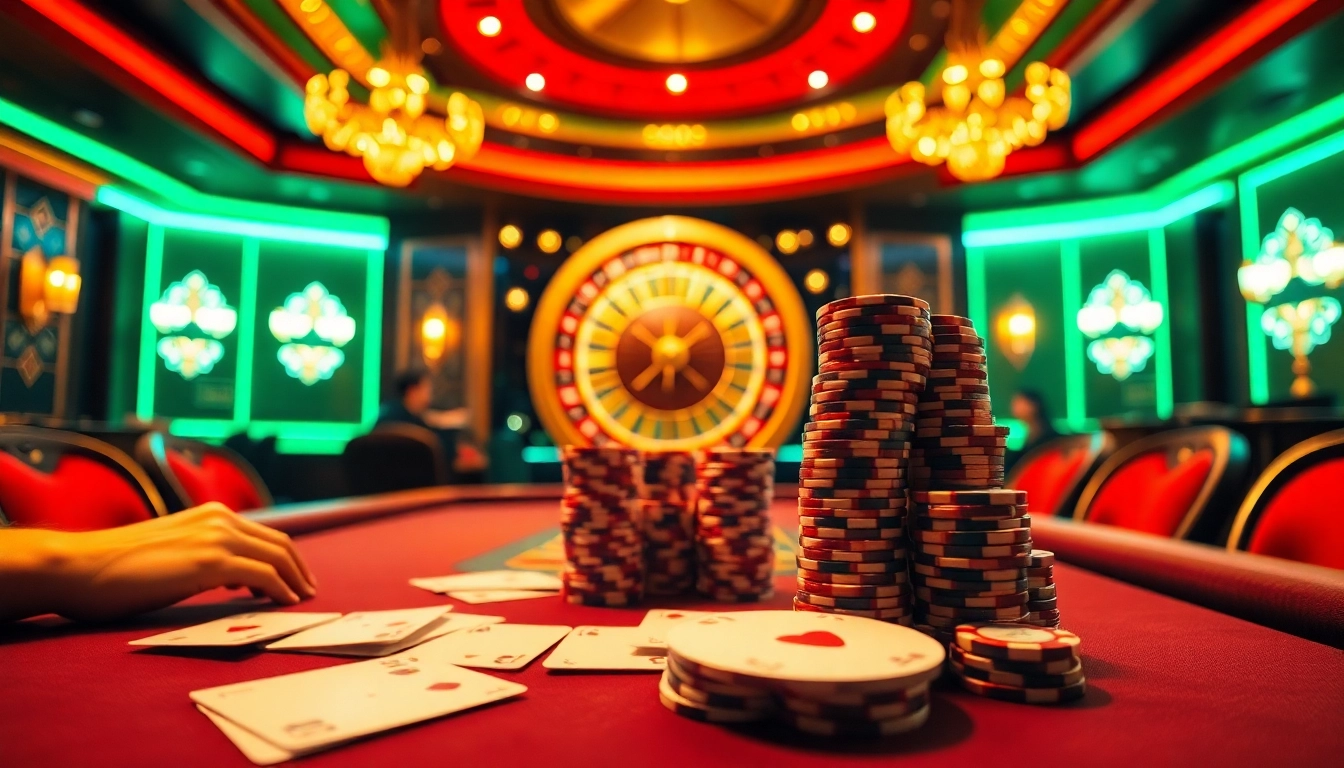 High-energy online casino scene showcasing vn168 with poker gameplay and roulette excitement.