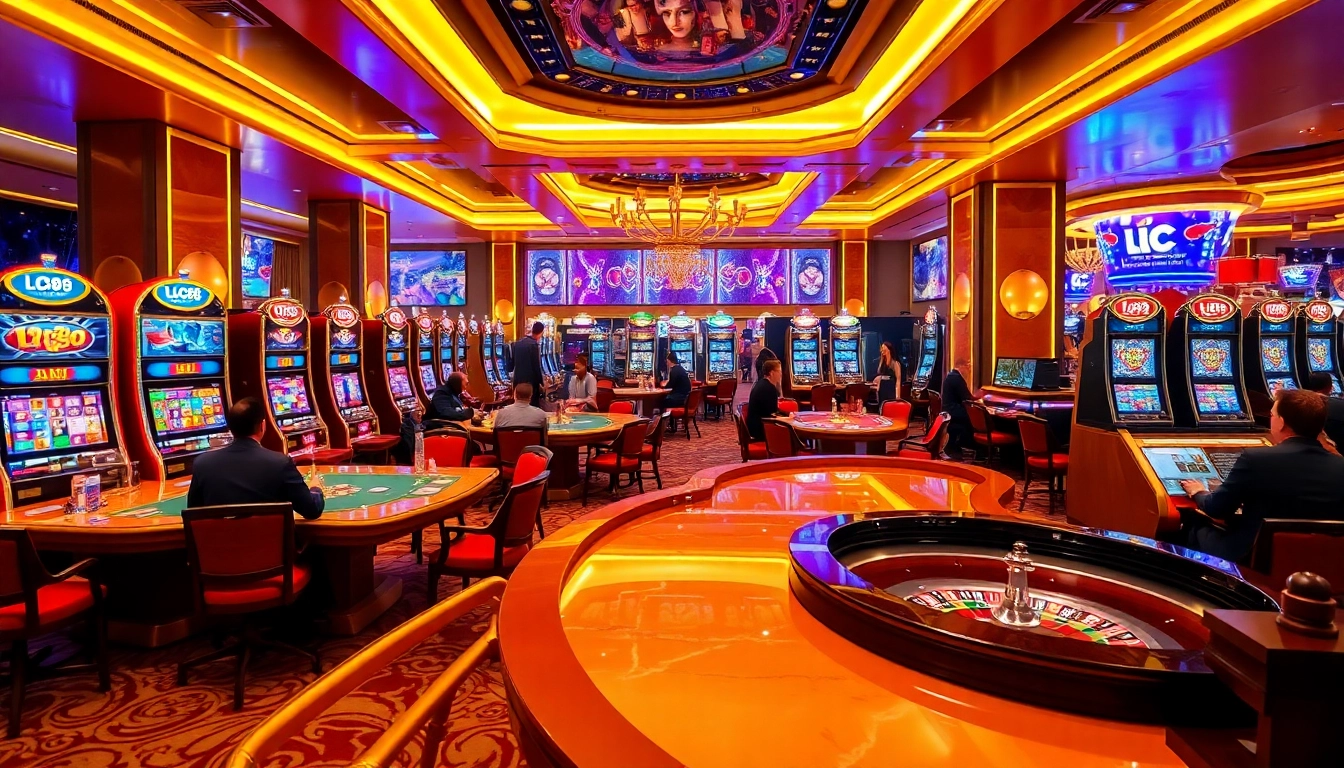 Experience the excitement of LC88 with players at vibrant casino tables and slot machines.