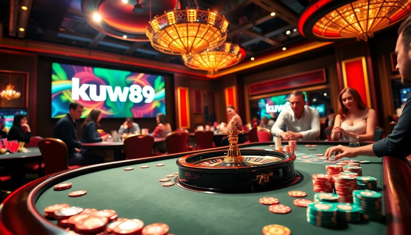 Experience the excitement of kuwin 789 with a vibrant casino scene featuring poker, roulette, and colorful betting chips.
