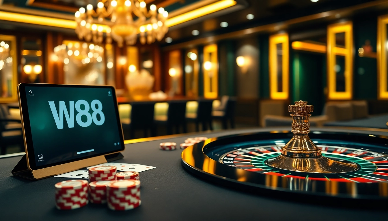 Trải nghiệm cảm giác hồi hộp khi truy cập W88 và sự phấn khích tại một bàn casino sang trọng.