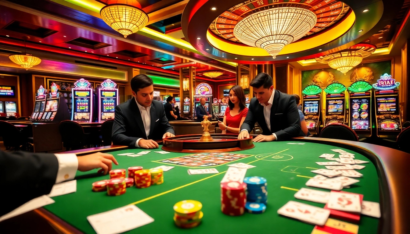 Action-packed gambling scene showcasing c168 com’s vibrant casino atmosphere with dealers and gaming tables.