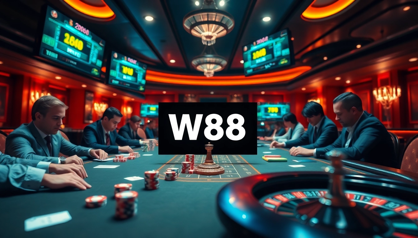 Experience the thrill of online gambling with W88 link, featuring a luxurious poker setting and vibrant betting options.