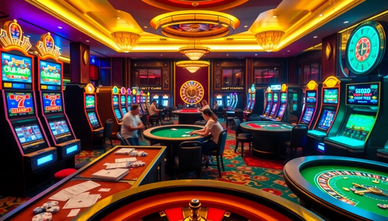 This image captures an engaging casino experience at https://cair33bdg.com/, featuring players at poker and roulette tables amidst vibrant slot machines.