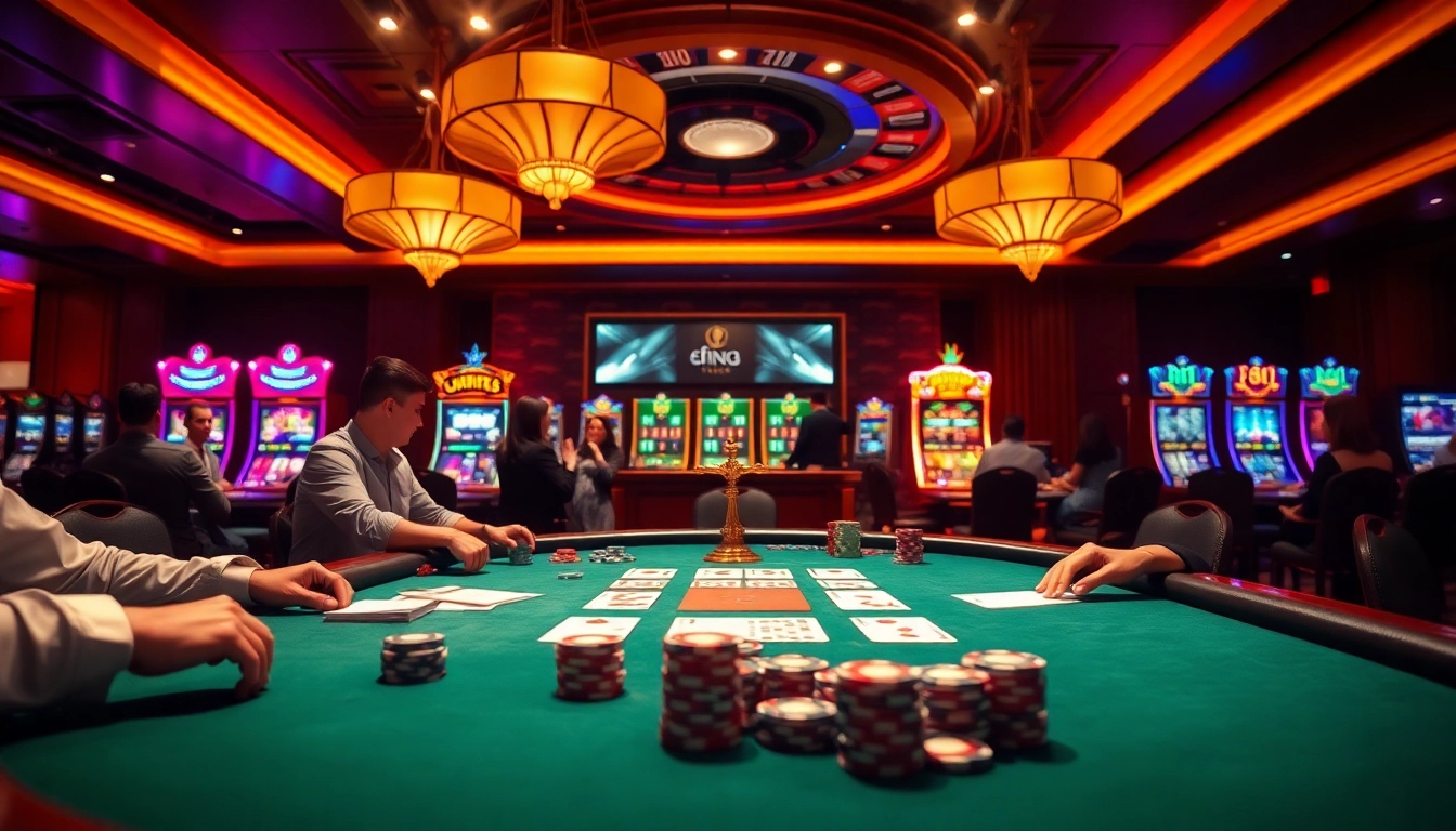 Players enjoying a thrilling game at the poker table showcasing https://f168.ing/ with vibrant colors and casino ambiance.