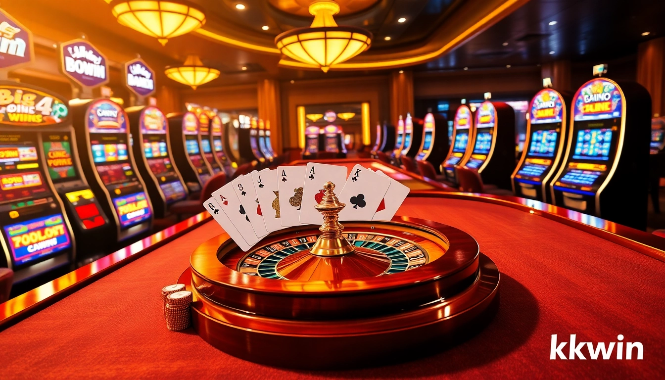Engage in thrilling gameplay at kkwin casino with vibrant slot machines and a glimmering roulette wheel.