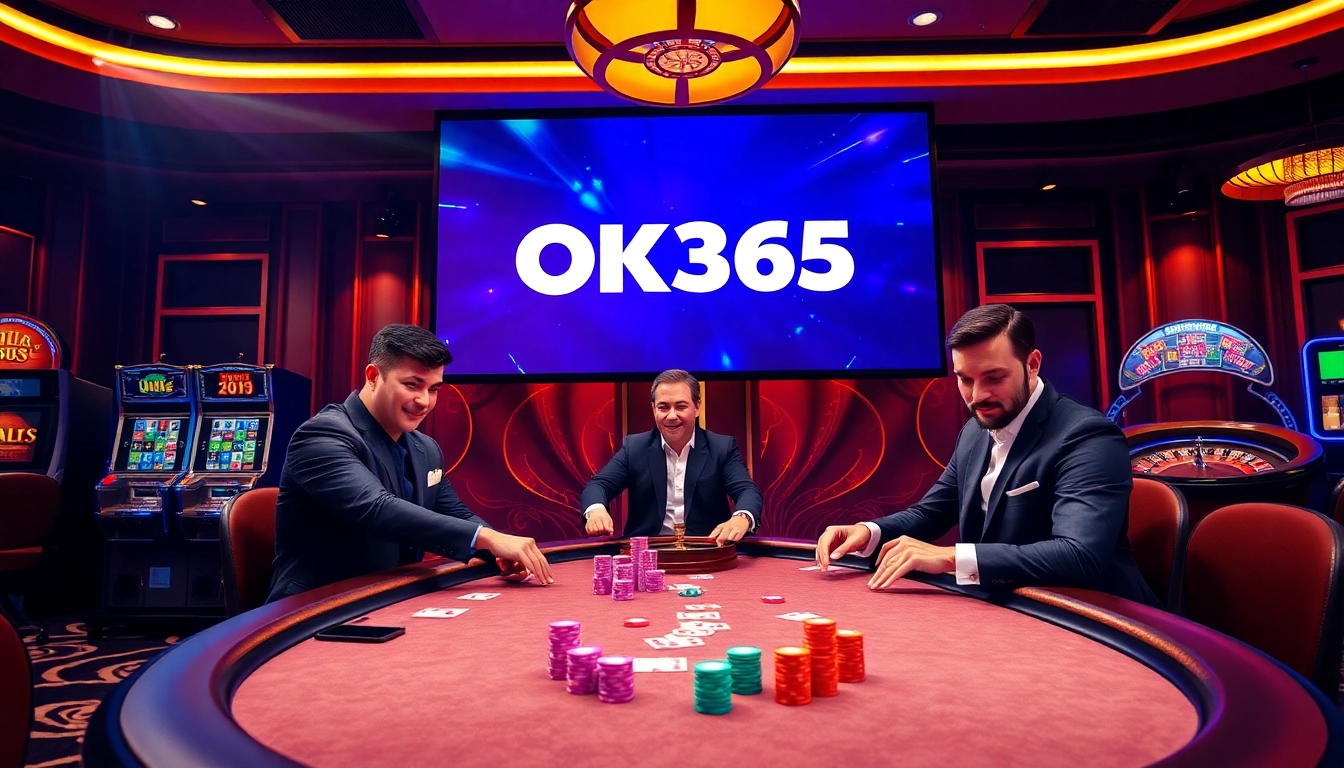 Gambling scene with players at poker table, showcasing OK365 brand in a luxurious casino.