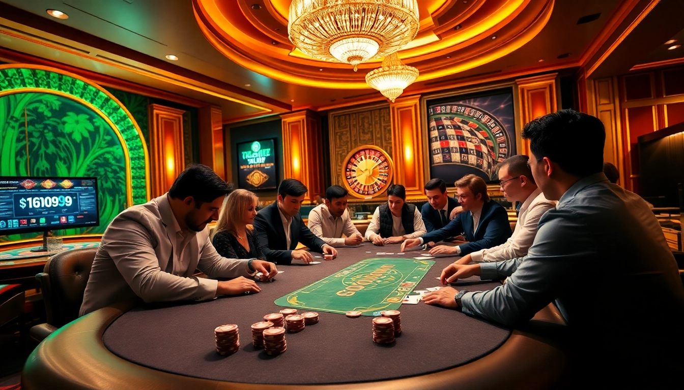 Players enjoying a high-stakes poker game at https://www.slots899.com/ with vibrant chips and cards.