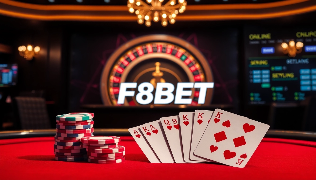 Experience F8BET's exciting poker action with colorful chips and a luxurious casino setting.