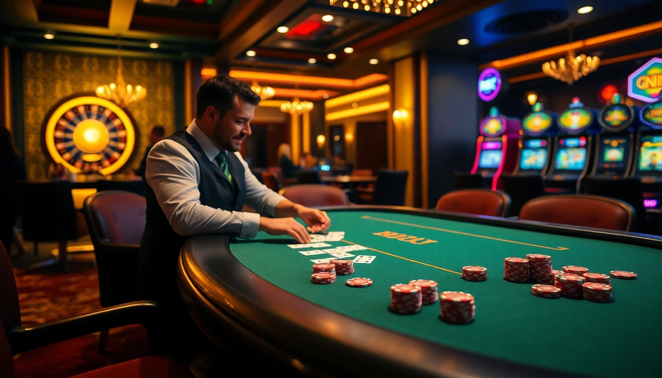 Engage with premium poker action at https://www.6rwin55.com/, showcasing chips and cards in a luxurious setting.