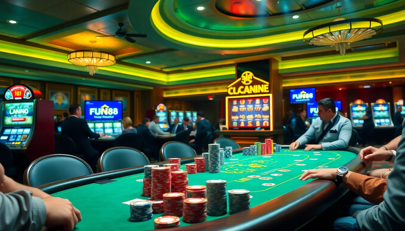 Exciting poker game at a luxury casino highlighting Fun88 link with vibrant atmosphere and professional players.