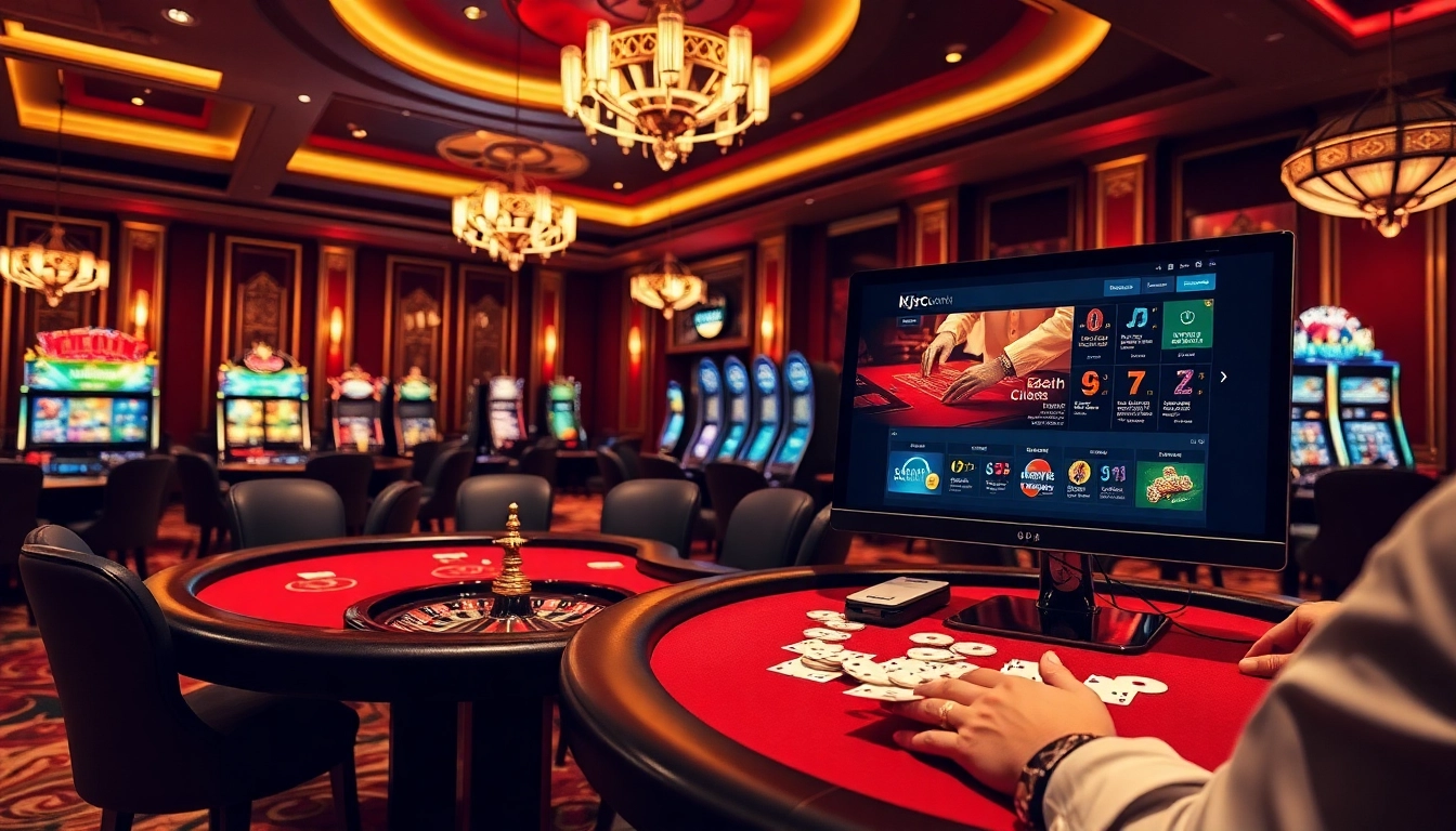 Experience thrilling gaming at https://kjc.onl/ with vibrant tables, poker chips, and roulette wheels.