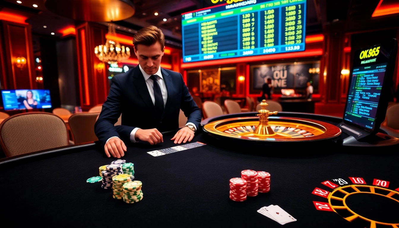 Engaged players at an OK365 table enjoy high-stakes poker in a luxurious casino setting.