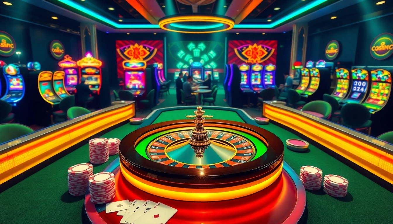 Experience the thrill of online gambling with c168 com in a vibrant casino scene featuring roulette and slot machines.