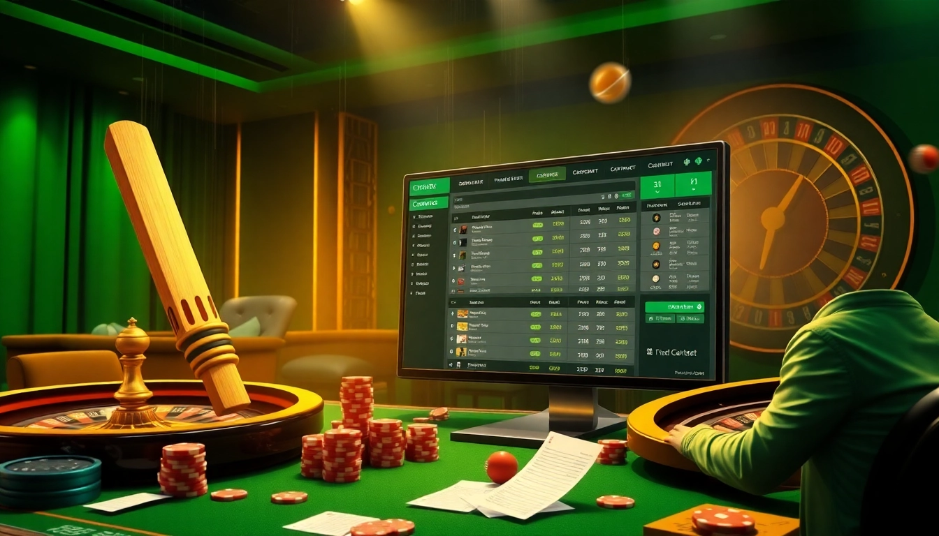 Crickex sports betting platform showcasing exciting cricket wagers amidst luxury casino elements.