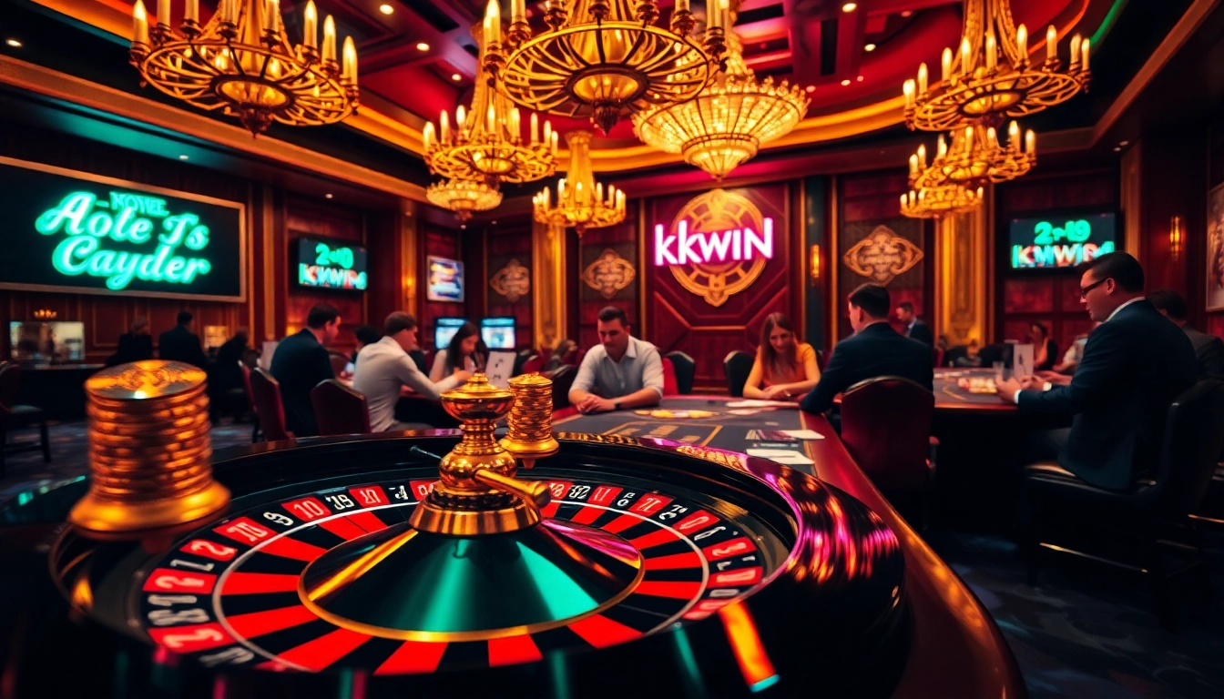 Exciting kkwin casino scene with poker table, chips, and roulette wheel.