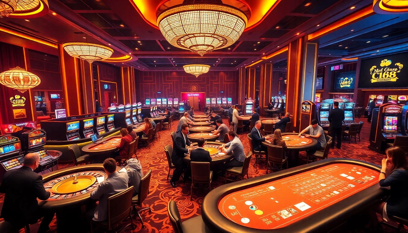 C168 casino scene with players at roulette and poker tables, showcasing excitement and luxury.