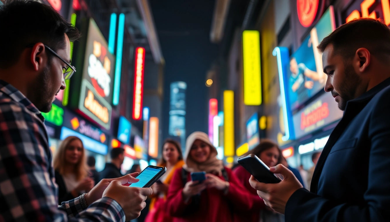 Engaged bettors using sports betting apps Georgia with excitement in an urban setting.