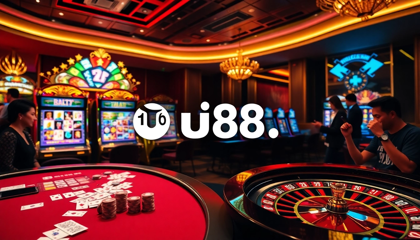 Experience dynamic online gambling action at uu88. with cards, chips, and slot machines shining in excitement.