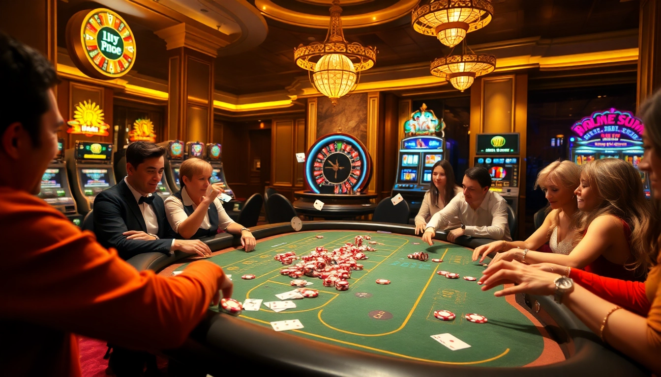 Pemain Togel Sumo sedang terlibat dalam permainan kasino yang mendebarkan, dikelilingi mesin slot yang berwarna-warni dan dekorasi mewah.