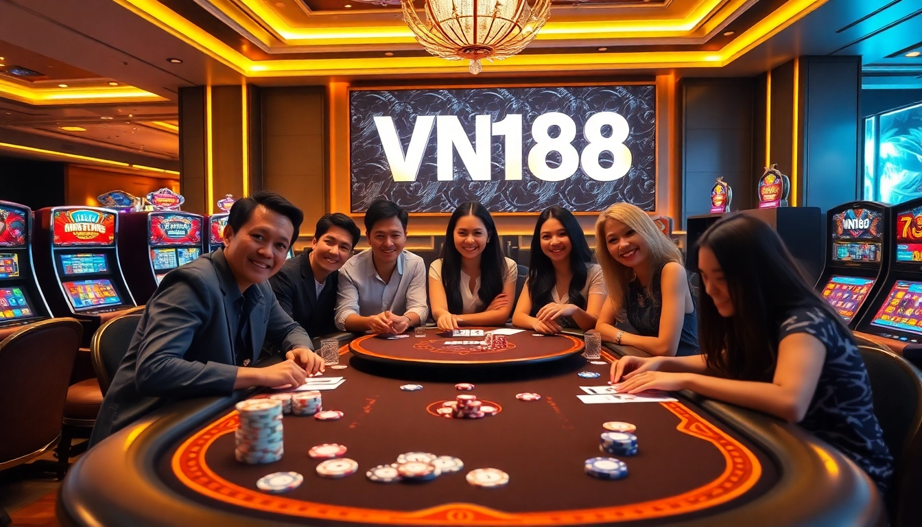 Experience the thrill of VN168 with an exciting casino scene featuring poker and slots.