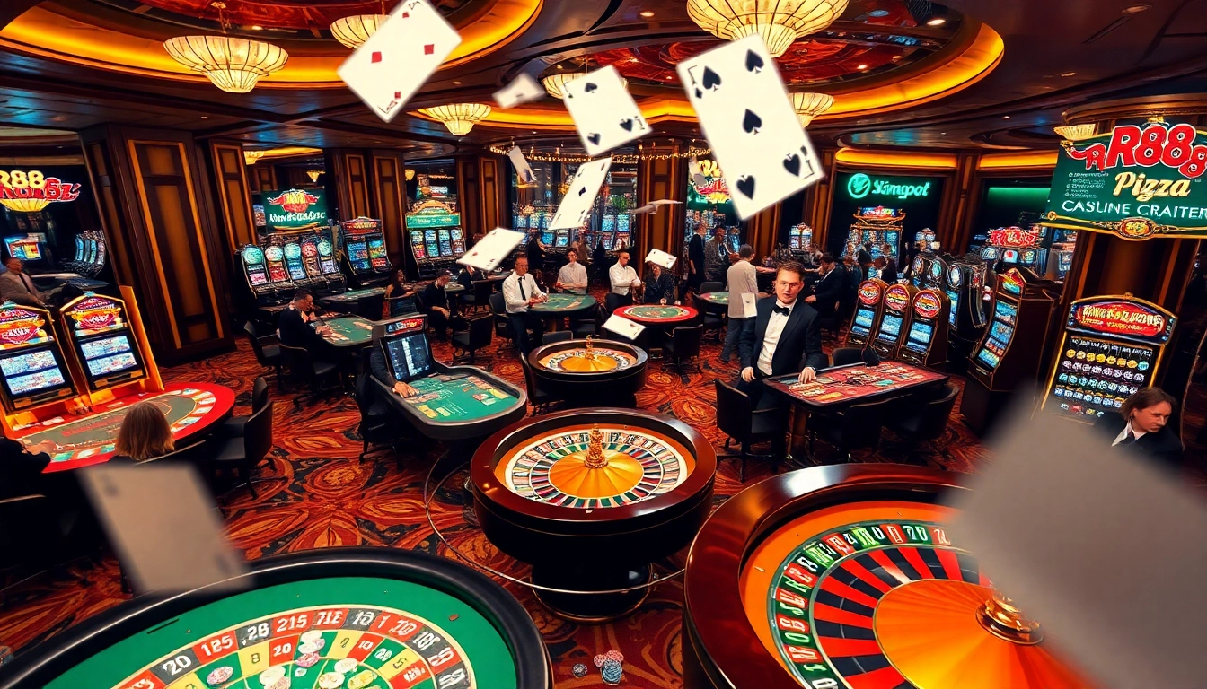Gambling excitement at RR88.Pizza with colorful chips and vibrant slot machines.