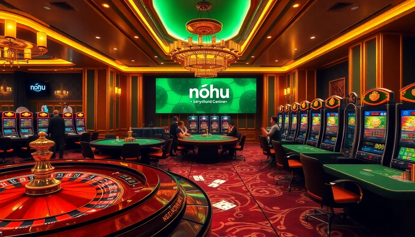 Nohu-themed vibrant casino scene with roulette wheels, poker tables, and sparkling chips.