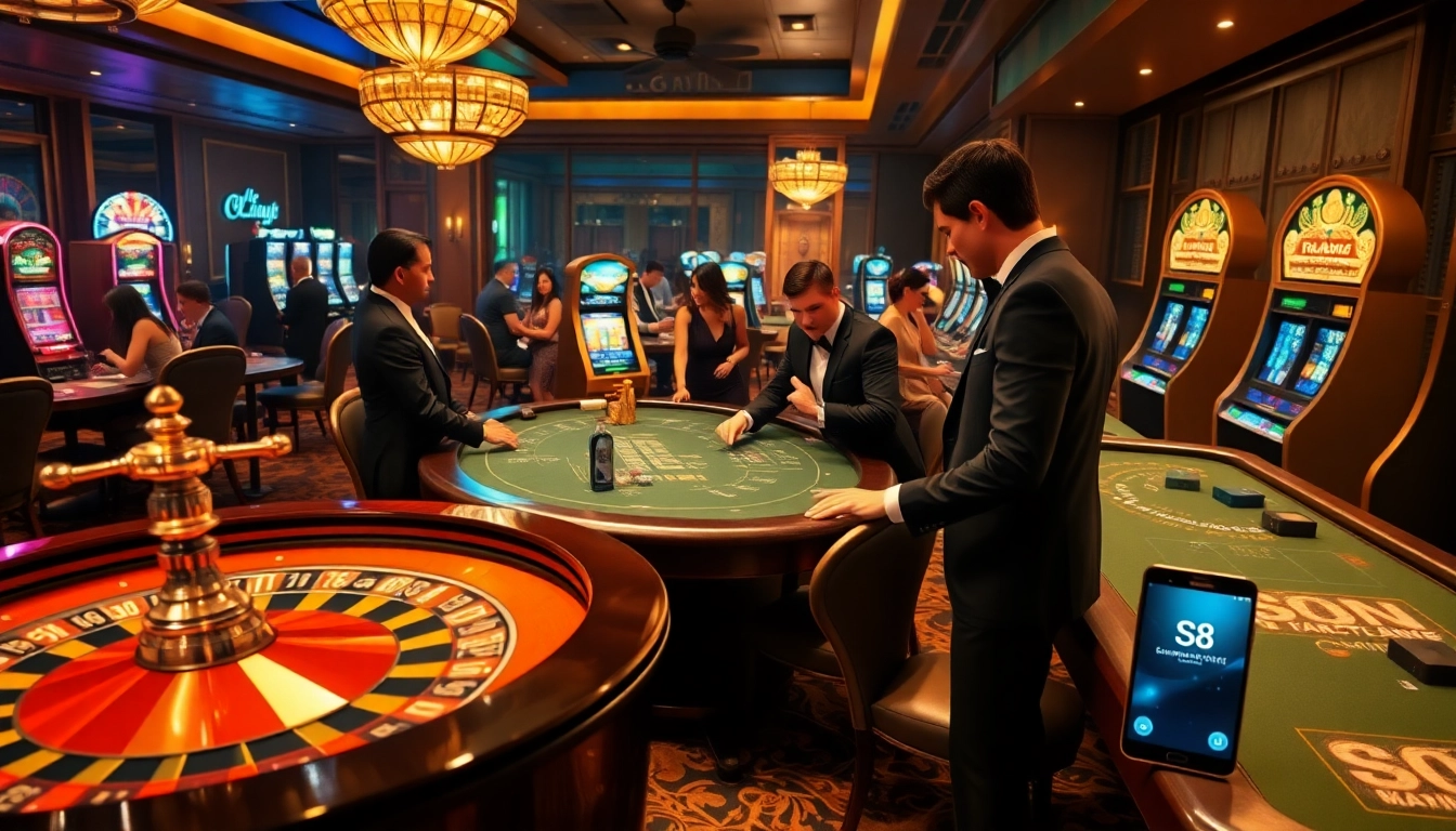 S8 gamblers enjoying a thrilling atmosphere at a professional casino with poker and roulette tables.