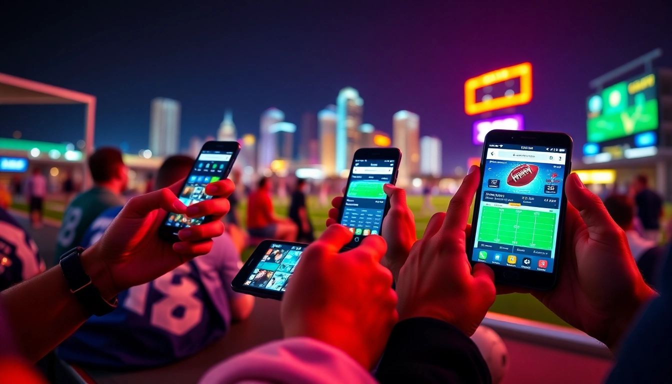 Action-packed scene of sports betting apps California on mobile devices against a vibrant skyline.