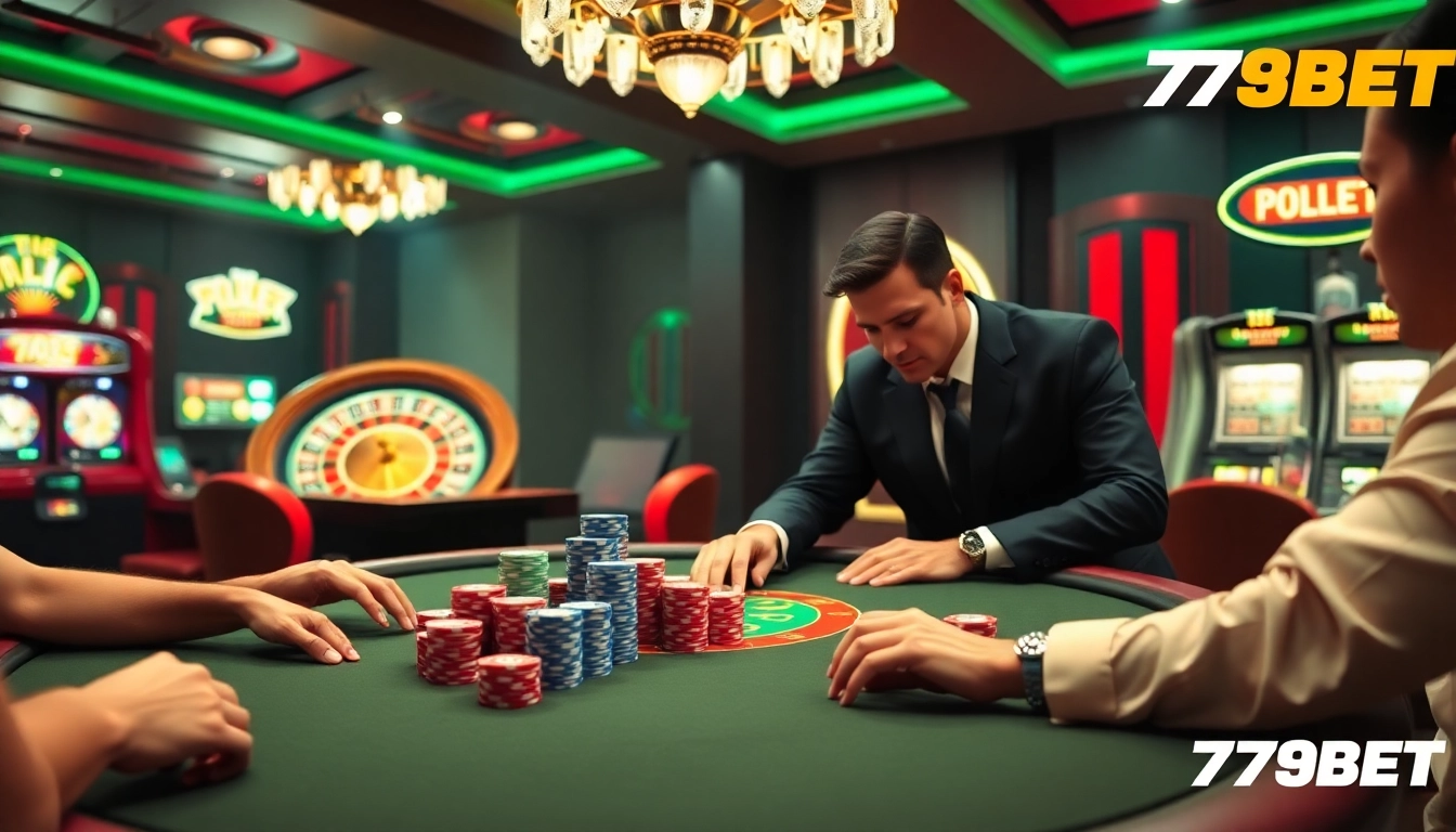 Engaged gamers at a vibrant poker table showcasing 789BET's thrilling casino atmosphere.