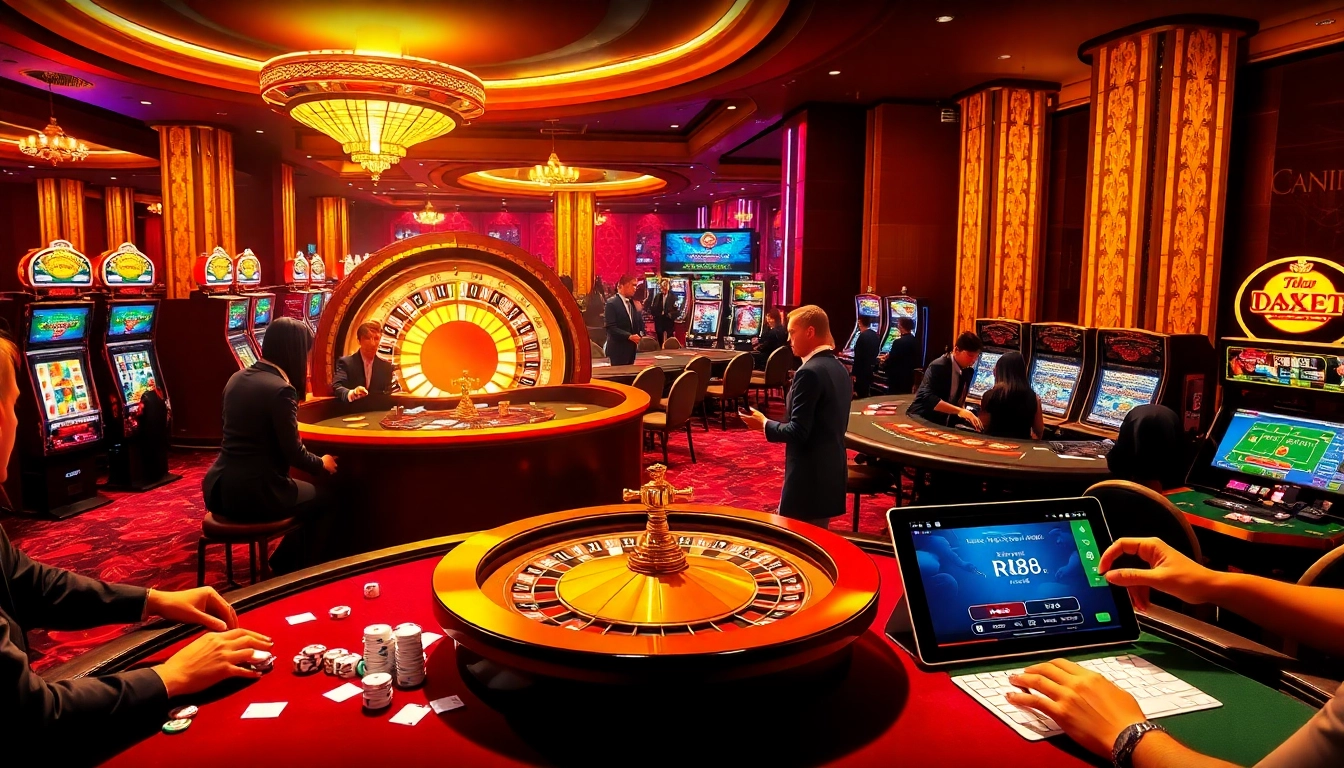 Experience gaming action with https://rr88.wales/ at a glamorous casino featuring roulette and vibrant slot machines.