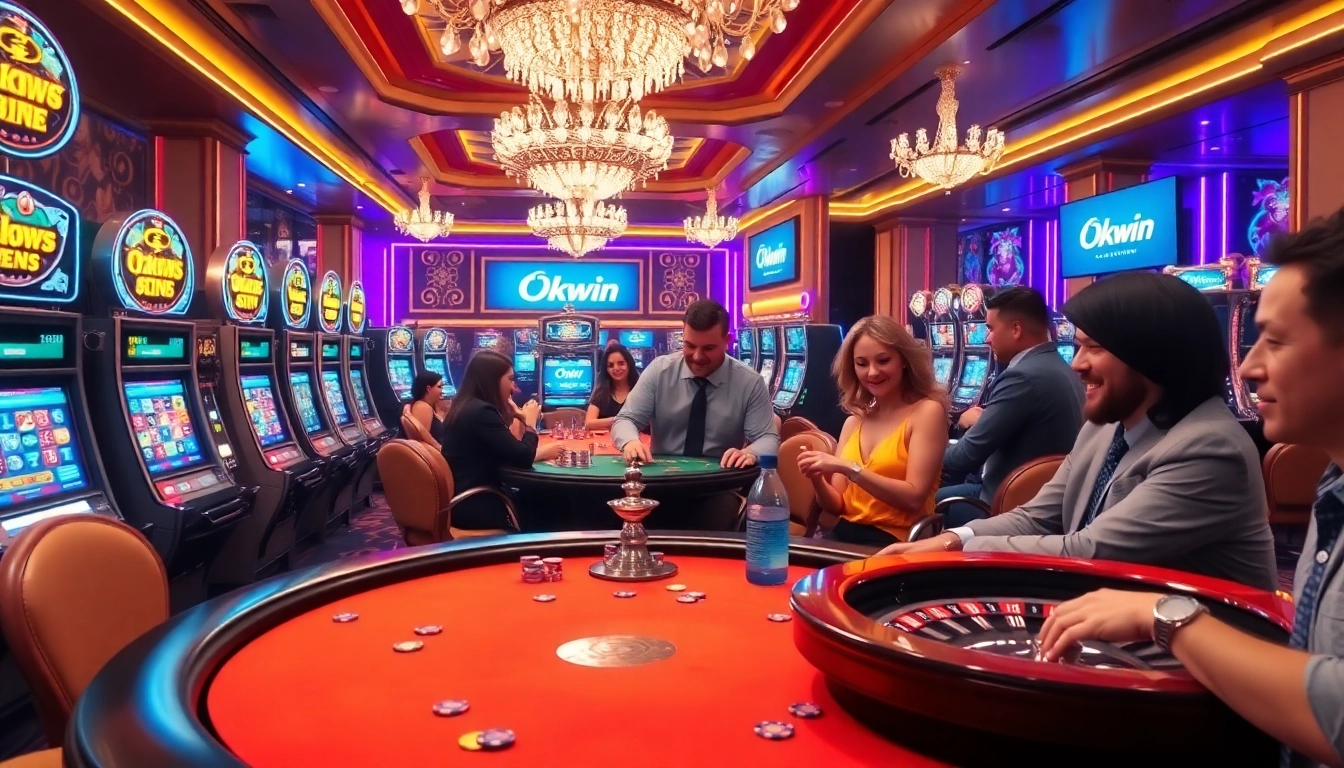 Experience vibrant Okwin casino action with players at a luxurious poker table and slot machines.