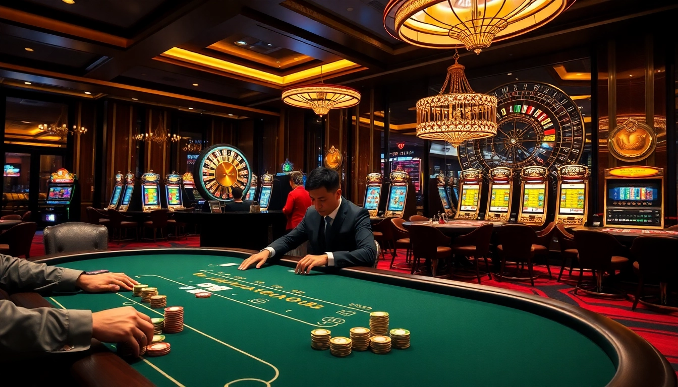 Experience the Top 10 Nhà Cái Uy Tín in a vibrant casino atmosphere filled with intense poker games and spinning roulette wheels.