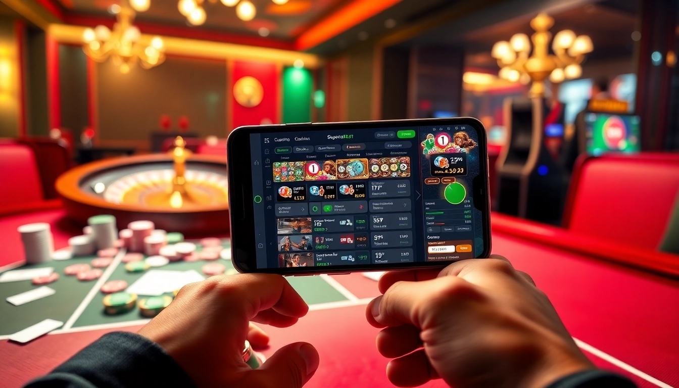 Engaging visual of the Superbet App showcased on a smartphone with casino elements like roulette and poker chips.