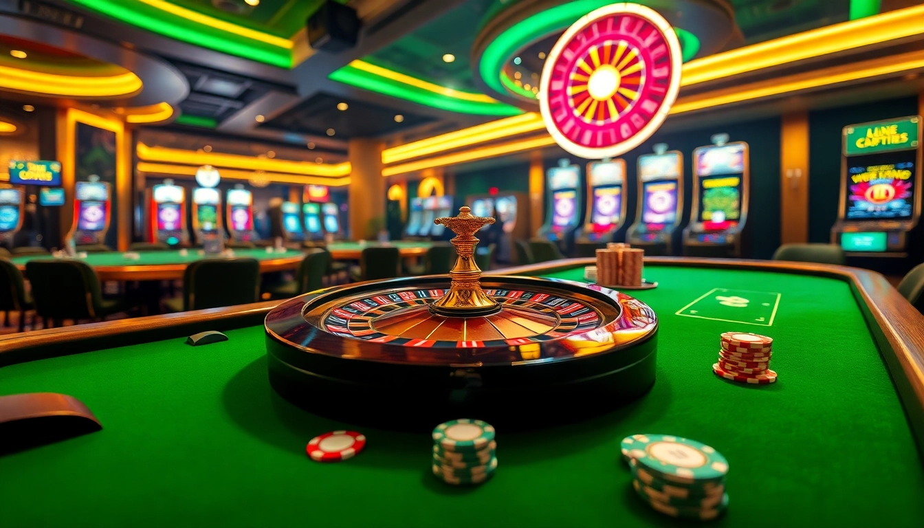 Exciting sunwin gaming scene featuring vibrant casino tables and spinning roulette.