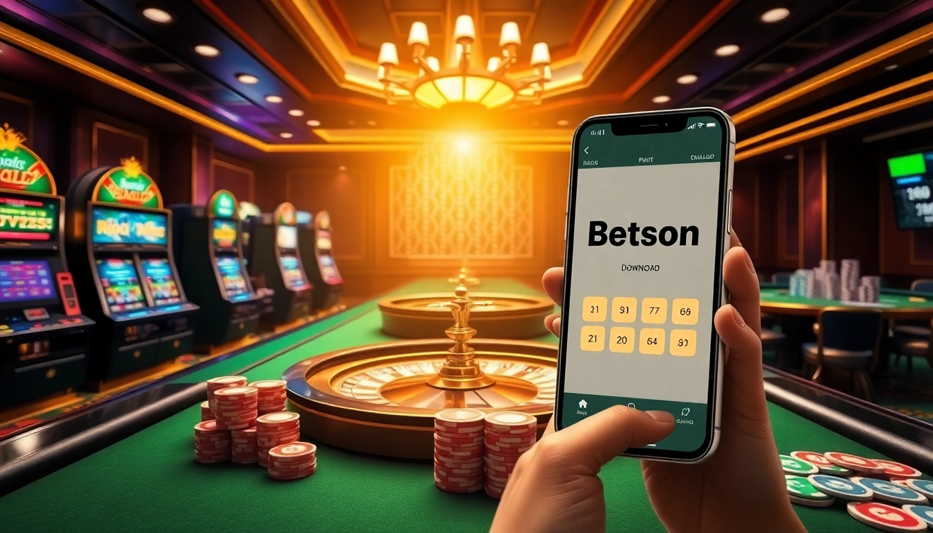 Experience thrilling gaming action with the Betsson Download app in a vibrant casino scene.