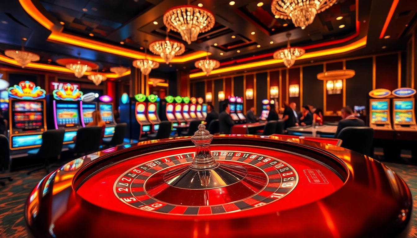 Players enjoy the excitement of gambling with XN88 at an elegant casino, featuring roulette and slot games.