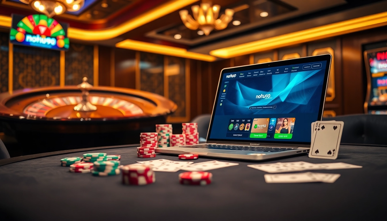 Nohu90 players enjoying a high-stakes casino experience with poker chips and online betting screens.