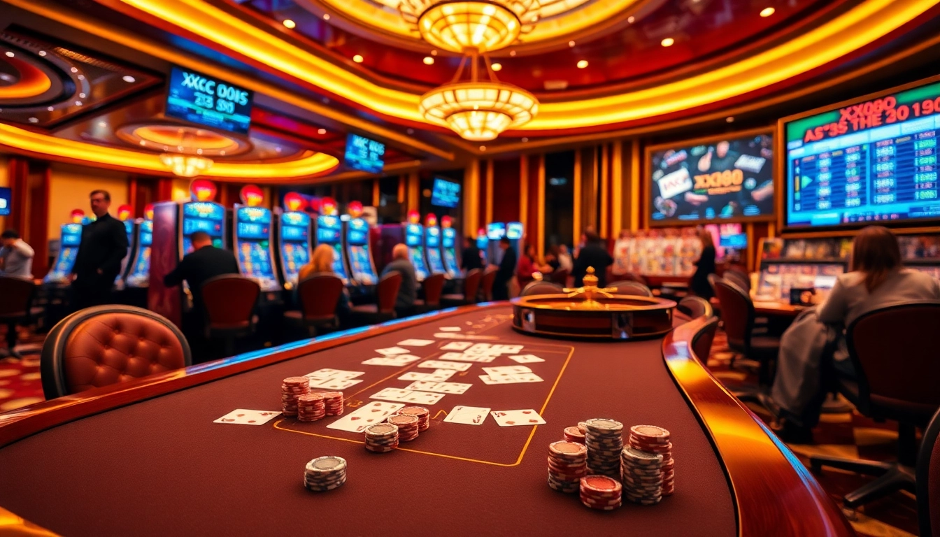 Gamble at xx88 with excitement at a luxurious casino table, showcasing vibrant slot machines and roulette.