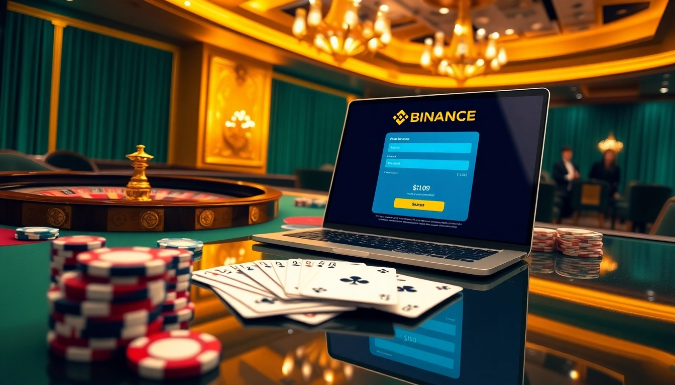 Registering on Binance with excitement amidst casino tables and digital interface.