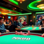 Players enjoying a thrilling game at the NK88 poker table in an upscale casino environment.