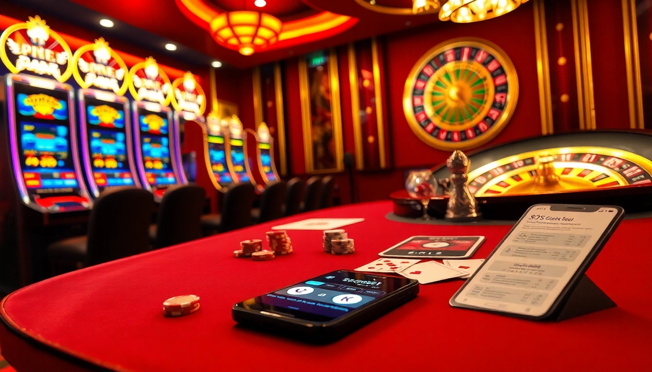 sbobet slot machines, poker, and a roulette wheel in a vibrant casino setting