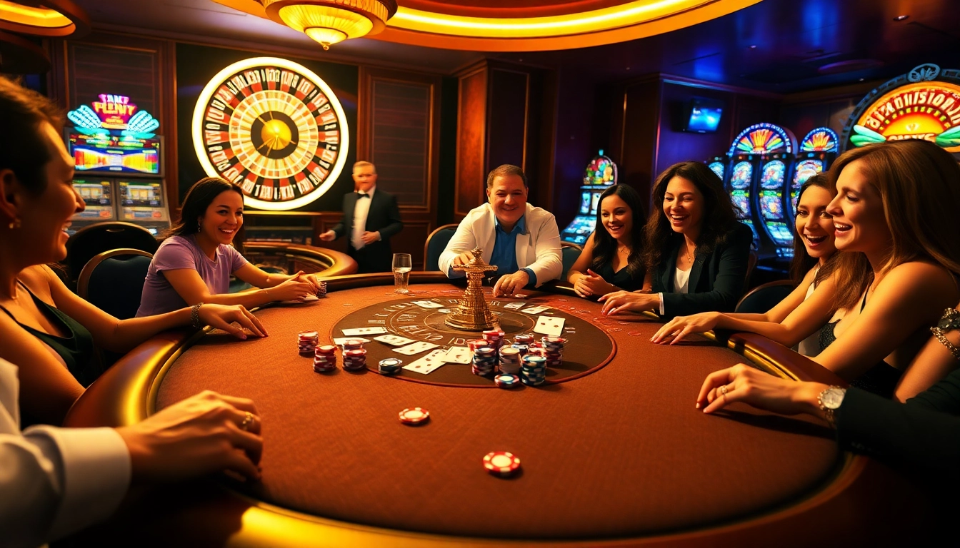 Engaging players at the LC88 poker table with vibrant chips and slot machines in a luxurious casino.
