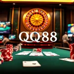 Experience the excitement of QQ88 with vibrant casino games, poker chips, and roulette wheels.