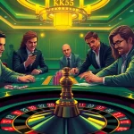 Engaged gamblers play at a luxurious casino with strategic KK55 actions highlighting excitement and professionalism.