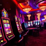 Players engaged in thrilling slot games at a luxurious casino with vibrant lights and sounds.