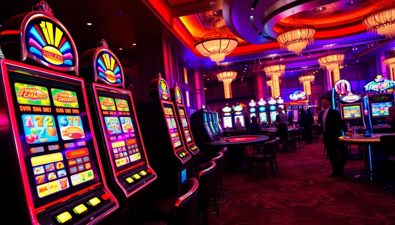 Players engaged in thrilling slot games at a luxurious casino with vibrant lights and sounds.