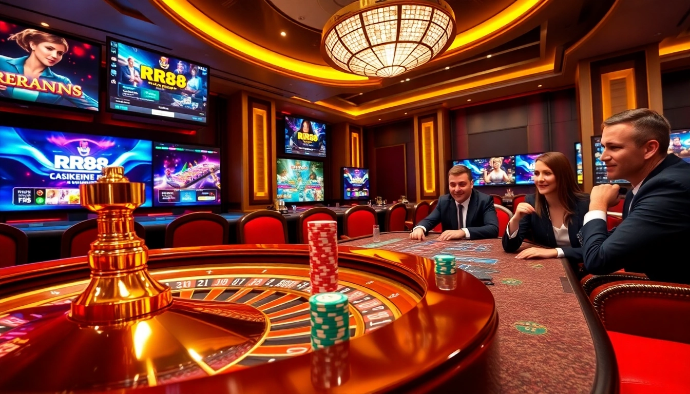 Experience the excitement of RR88 casino with a roulette wheel and poker chips.